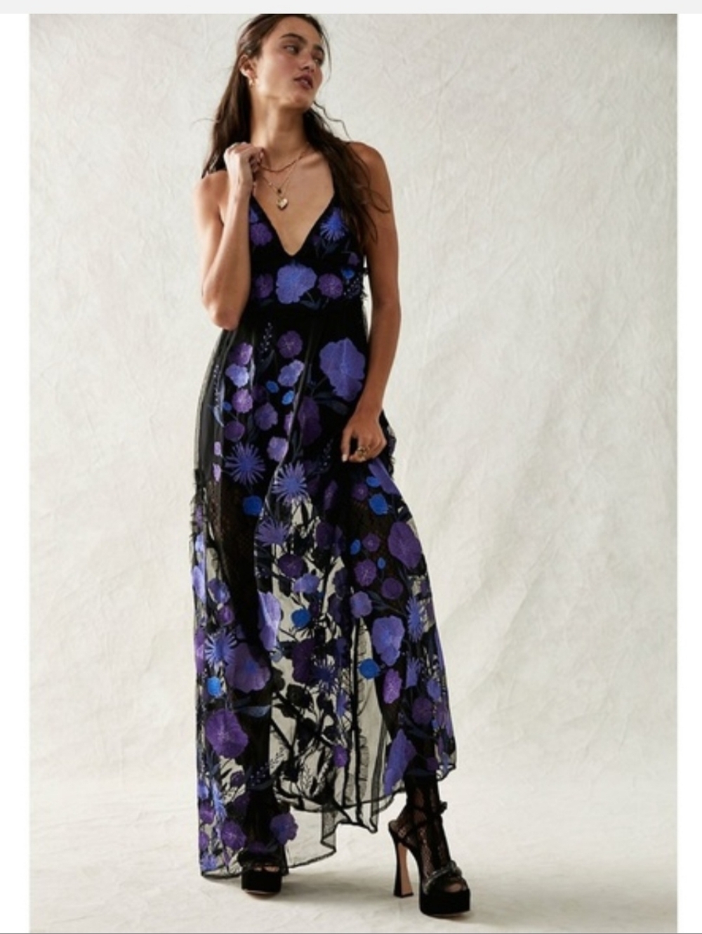 For Love & Lemons Black Sheer Dress with Purple & Blue Floral Embroidery - Picture 2 of 8